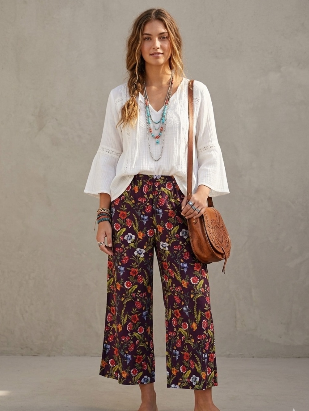 Angie Boho Red Floral Wide Leg Pants Size Small